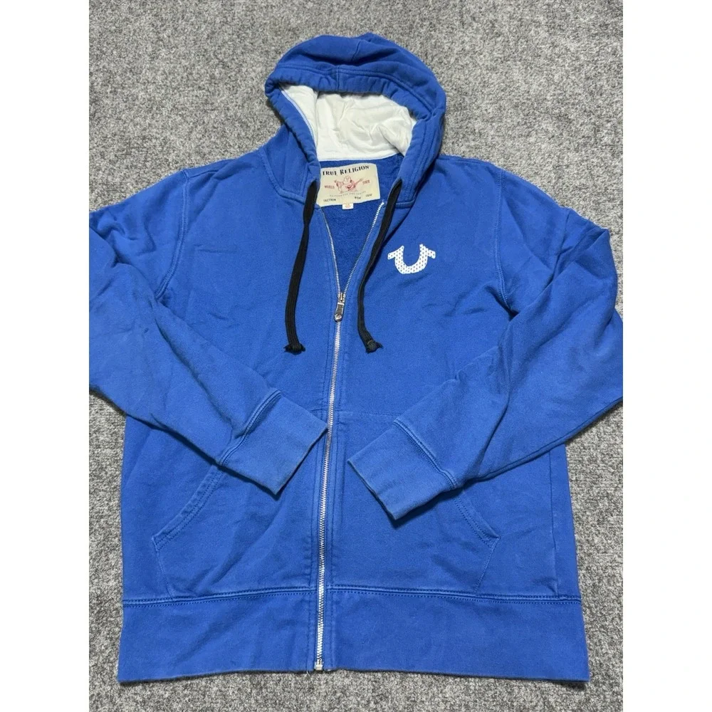 True Religion Hoodie Mens Large Blue Mesh Full Zip Buddha Jacket Sweatshirt